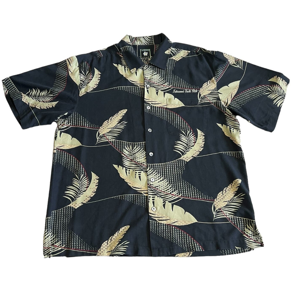 Aureus Silk Blend Tropical Print Black Short Sleeve Button Down, Size XL